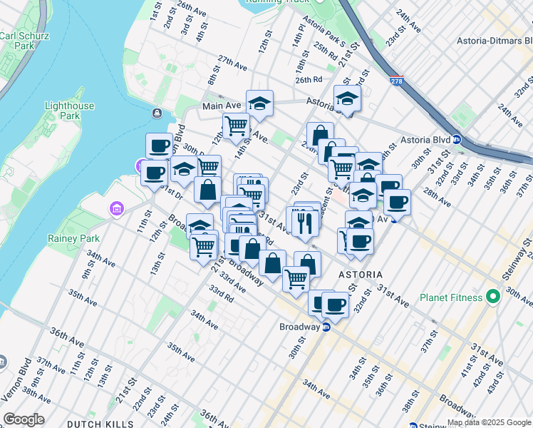 map of restaurants, bars, coffee shops, grocery stores, and more near 21-23 31st Avenue in Queens