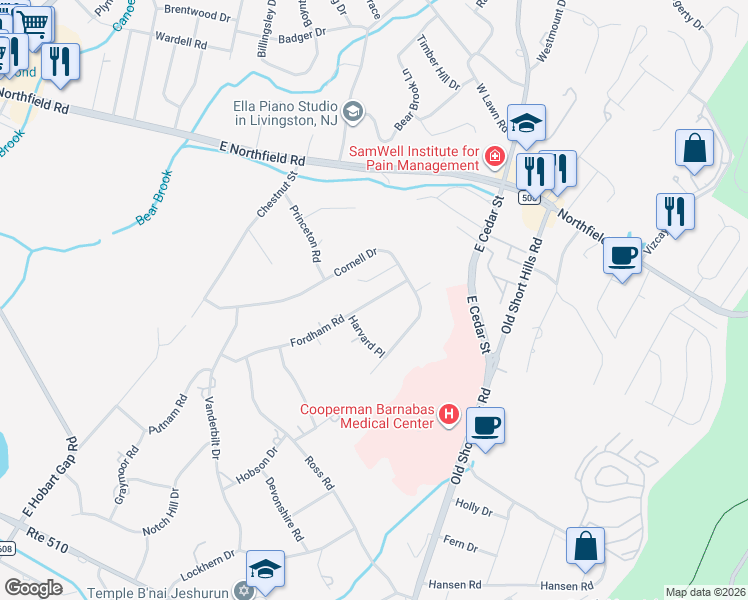 map of restaurants, bars, coffee shops, grocery stores, and more near 7 Fordham Road in Livingston