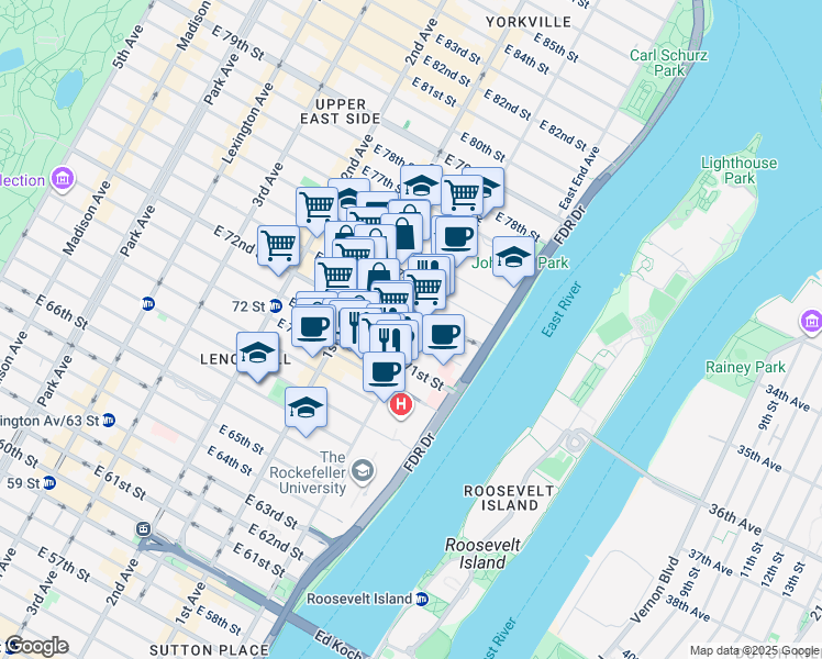 map of restaurants, bars, coffee shops, grocery stores, and more near 1365 York Avenue in New York