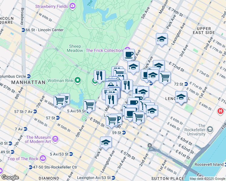 map of restaurants, bars, coffee shops, grocery stores, and more near 17 East 64th Street in New York