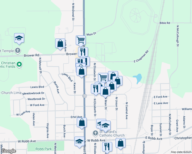 map of restaurants, bars, coffee shops, grocery stores, and more near 197 North Watt Avenue in Lima