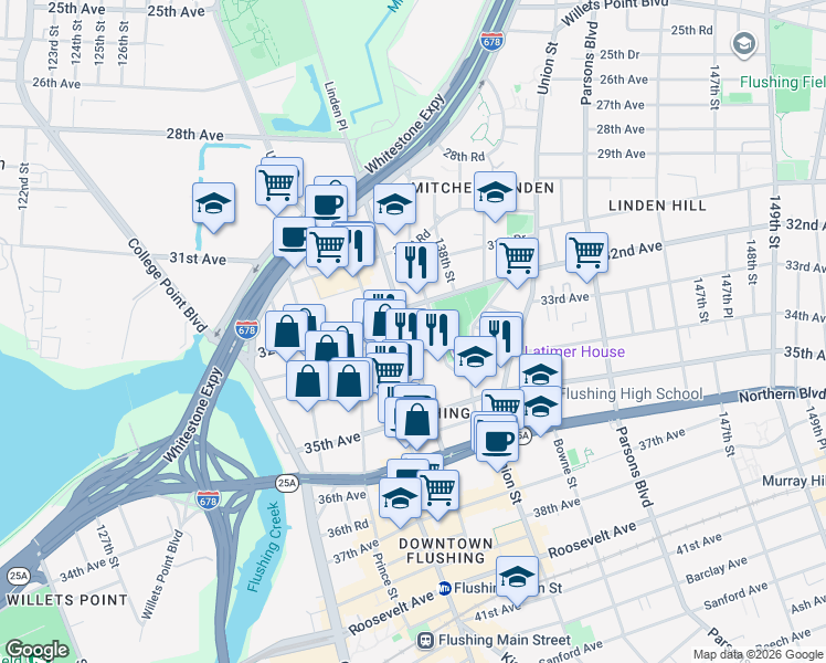 map of restaurants, bars, coffee shops, grocery stores, and more near 32-21 Linden Place in Queens