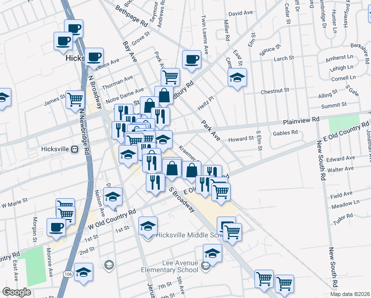 map of restaurants, bars, coffee shops, grocery stores, and more near 90 Kraemer Street in Hicksville