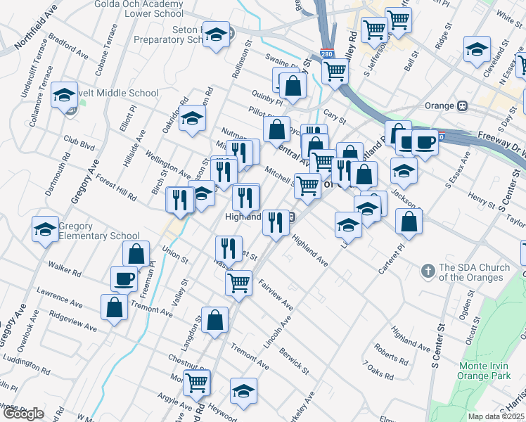 map of restaurants, bars, coffee shops, grocery stores, and more near 44 Stockman Street in West Orange