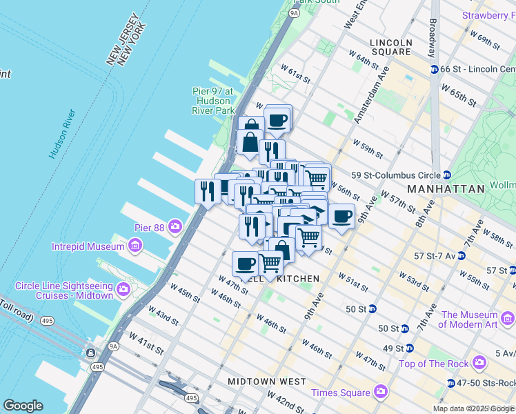 map of restaurants, bars, coffee shops, grocery stores, and more near in New York