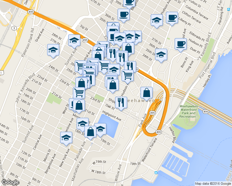 map of restaurants, bars, coffee shops, grocery stores, and more near 208 Dodd Street in Weehawken