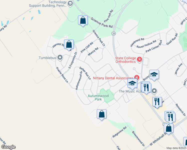 map of restaurants, bars, coffee shops, grocery stores, and more near 2274 Autumnwood Drive in State College