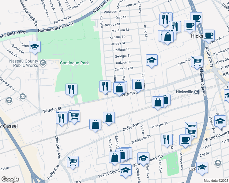 map of restaurants, bars, coffee shops, grocery stores, and more near 382 West John Street in Hicksville
