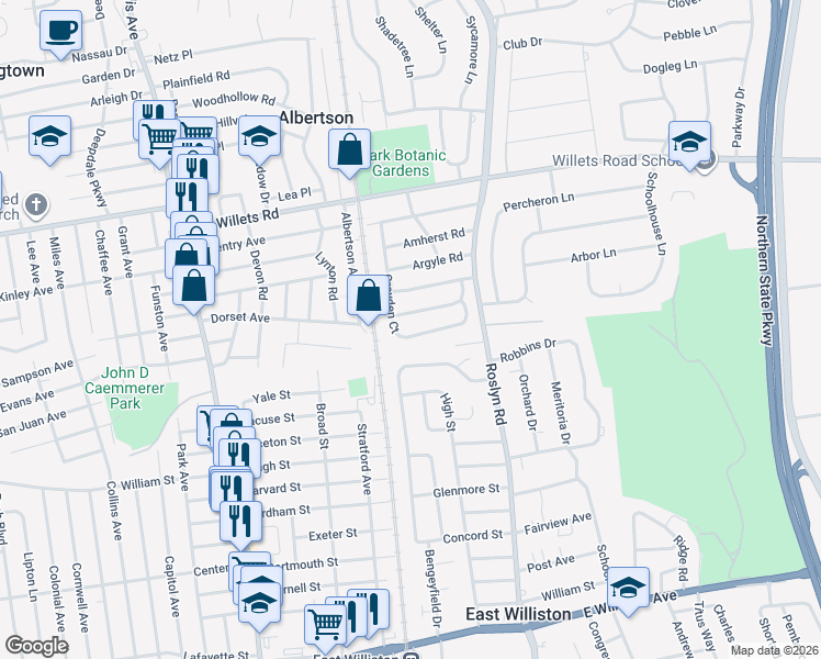 map of restaurants, bars, coffee shops, grocery stores, and more near 97 Croyden Ct in Albertson