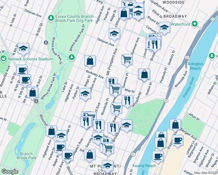 map of restaurants, bars, coffee shops, grocery stores, and more near 449 Mount Prospect Avenue in Newark