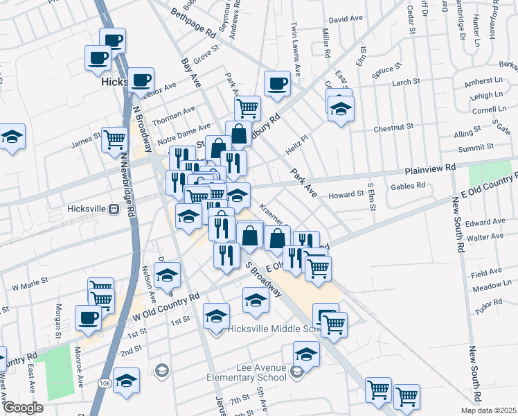 map of restaurants, bars, coffee shops, grocery stores, and more near 90 Kraemer Street in Hicksville