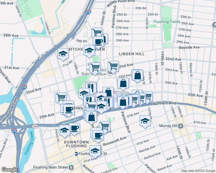 map of restaurants, bars, coffee shops, grocery stores, and more near 14055 34th Avenue in Queens