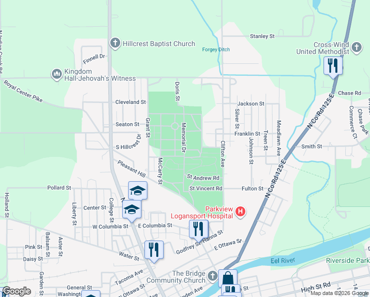 map of restaurants, bars, coffee shops, grocery stores, and more near Memorial Drive in Logansport