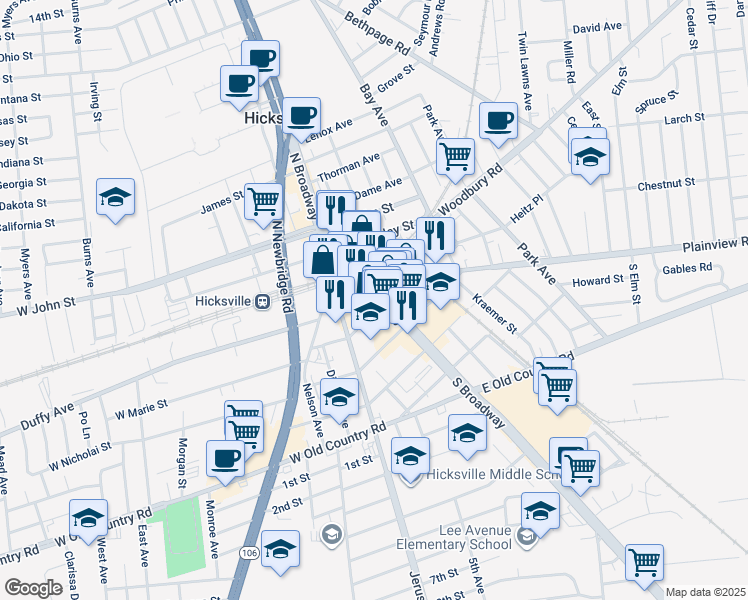 map of restaurants, bars, coffee shops, grocery stores, and more near 10 West Marie Street in Hicksville