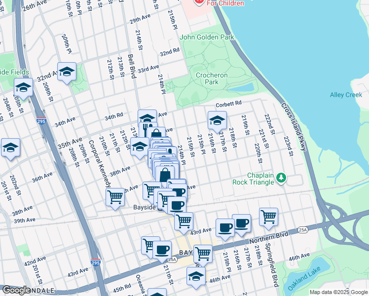 map of restaurants, bars, coffee shops, grocery stores, and more near 214-27 38th Avenue in Queens