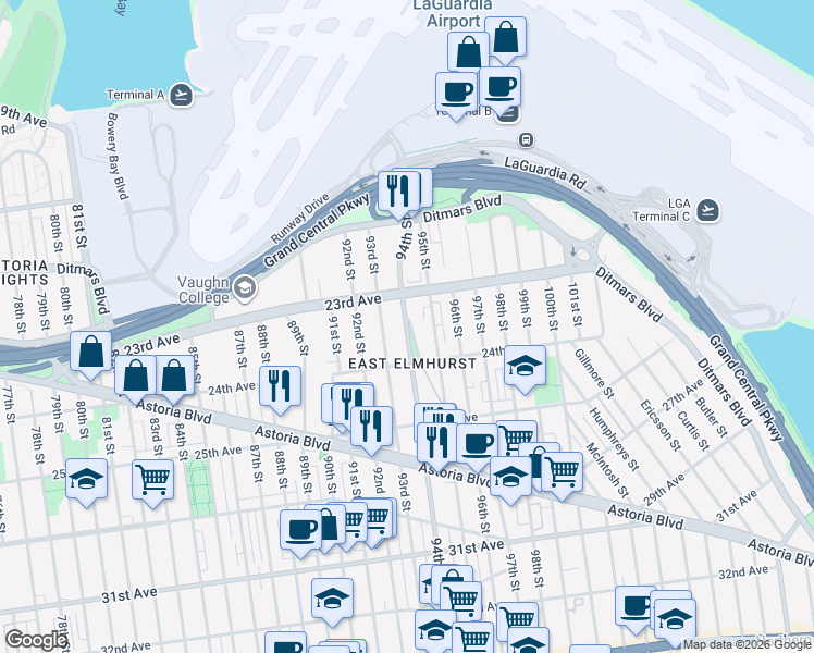 map of restaurants, bars, coffee shops, grocery stores, and more near 23-38 94th Street in Queens