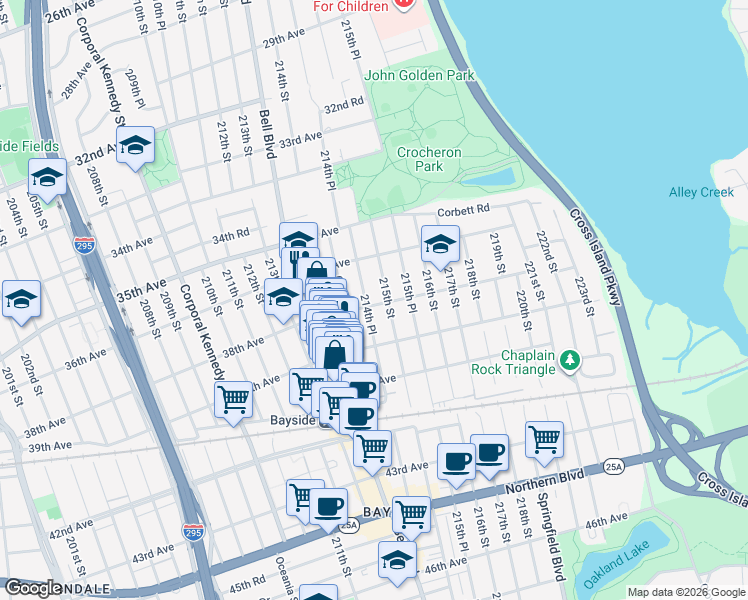 map of restaurants, bars, coffee shops, grocery stores, and more near 214-27 38th Avenue in Queens