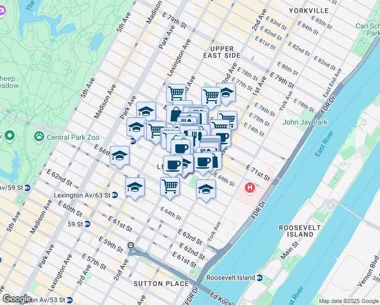 map of restaurants, bars, coffee shops, grocery stores, and more near 310 East 70th Street in New York