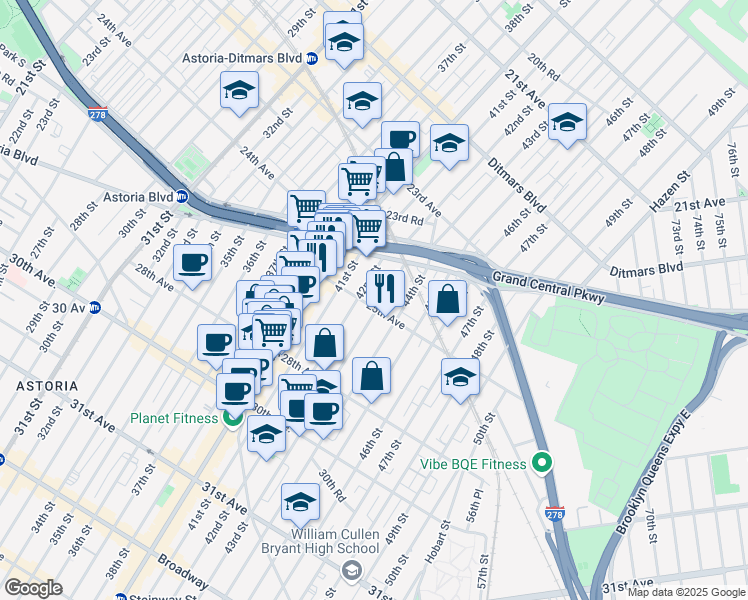map of restaurants, bars, coffee shops, grocery stores, and more near 42-15 25th Avenue in Queens