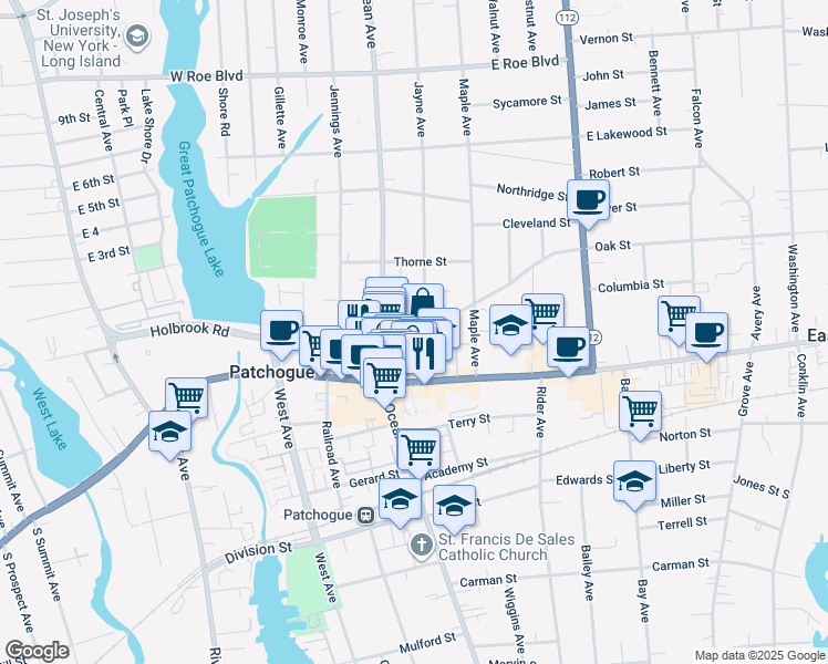 map of restaurants, bars, coffee shops, grocery stores, and more near 31 Oak Street in Patchogue