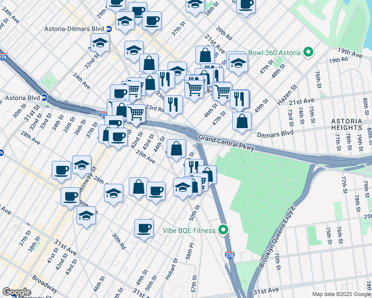 map of restaurants, bars, coffee shops, grocery stores, and more near 24-30 47th Street in Queens