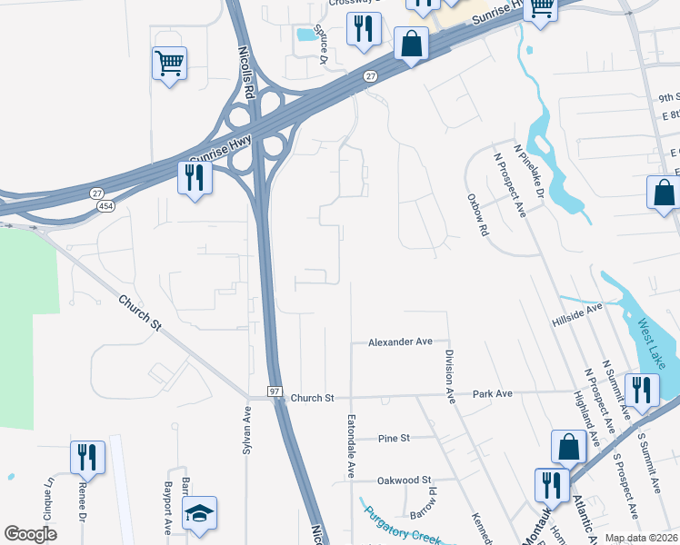 map of restaurants, bars, coffee shops, grocery stores, and more near 141 Clubhouse Drive in Bayport