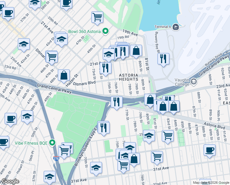map of restaurants, bars, coffee shops, grocery stores, and more near 22-49 76th Street in Queens