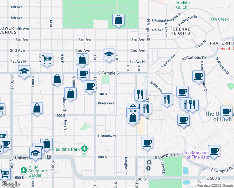 map of restaurants, bars, coffee shops, grocery stores, and more near 1200 E 100 S in Salt Lake City