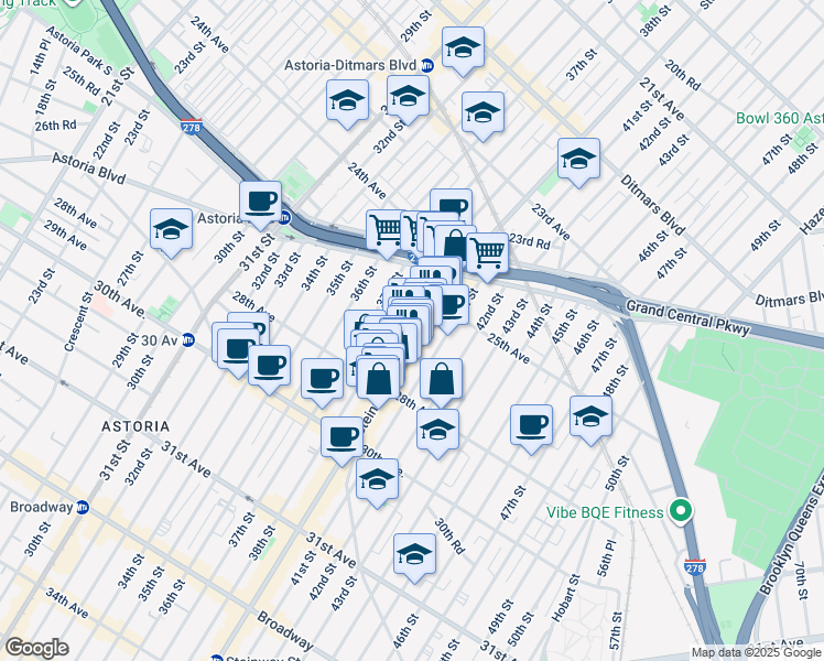 map of restaurants, bars, coffee shops, grocery stores, and more near 81 Steinway Street in Queens