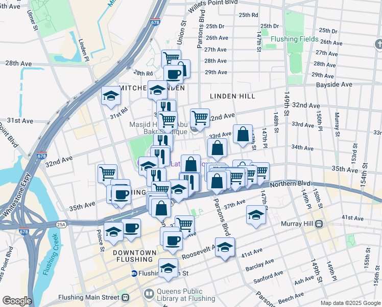 map of restaurants, bars, coffee shops, grocery stores, and more near 14055 34th Avenue in Queens