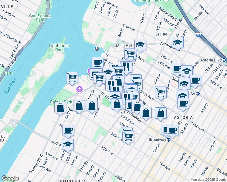 map of restaurants, bars, coffee shops, grocery stores, and more near 31-50 14th Street in Queens