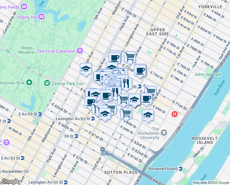 map of restaurants, bars, coffee shops, grocery stores, and more near 198 East 68th Street in New York