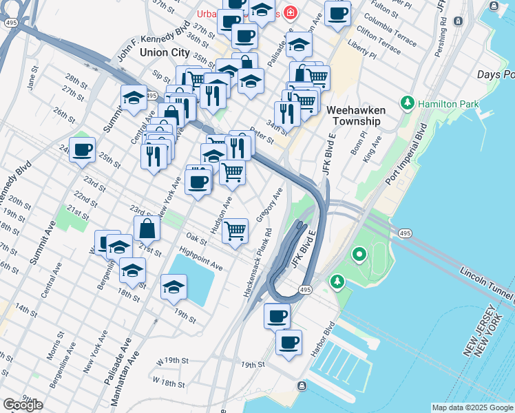 map of restaurants, bars, coffee shops, grocery stores, and more near in Weehawken