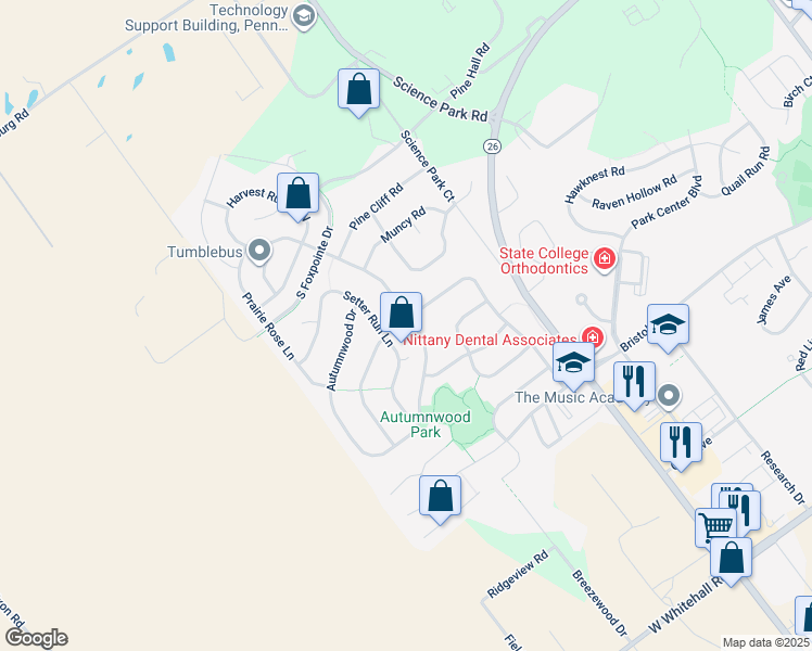 map of restaurants, bars, coffee shops, grocery stores, and more near 2274 Autumnwood Drive in State College