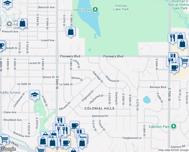 map of restaurants, bars, coffee shops, grocery stores, and more near 6101 Oakridge Drive in Lincoln