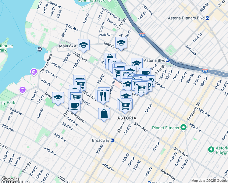 map of restaurants, bars, coffee shops, grocery stores, and more near 30-49 Crescent Street in Queens