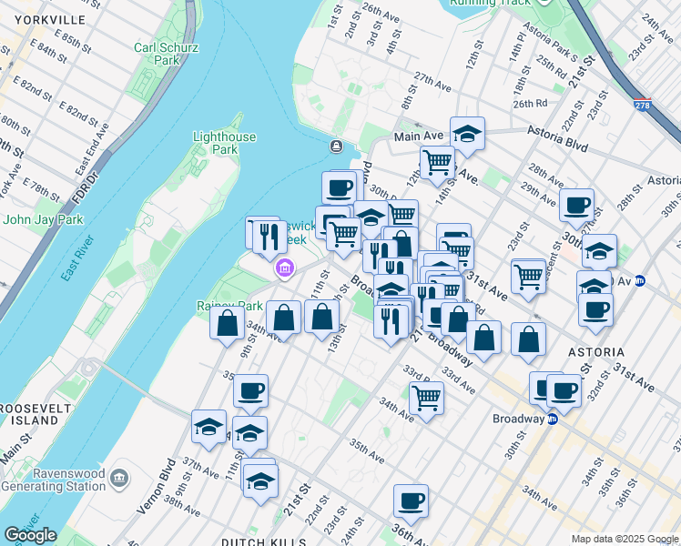 map of restaurants, bars, coffee shops, grocery stores, and more near 11-25 Broadway in Queens