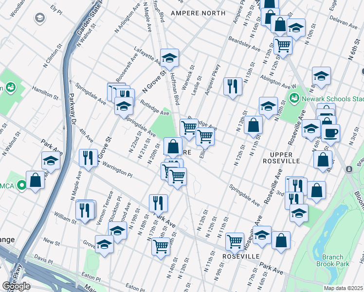map of restaurants, bars, coffee shops, grocery stores, and more near in East Orange