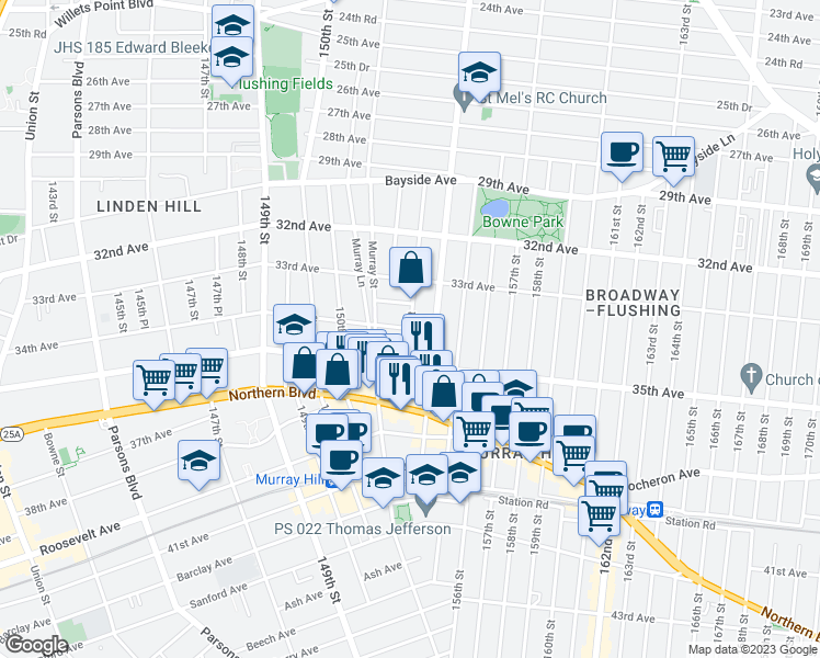 map of restaurants, bars, coffee shops, grocery stores, and more near 34th Ave & 153rd St in Queens