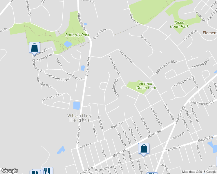 map of restaurants, bars, coffee shops, grocery stores, and more near 85 Willow Street in Wyandanch