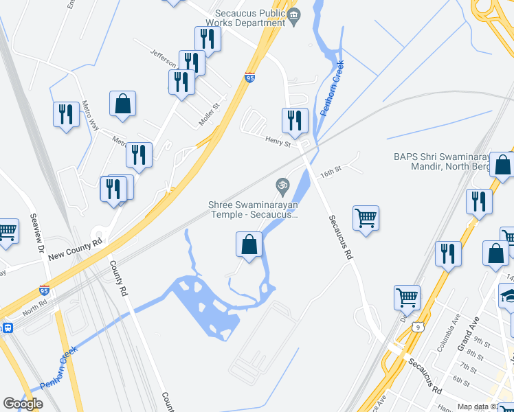 map of restaurants, bars, coffee shops, grocery stores, and more near 301 Penhorn Avenue in Secaucus