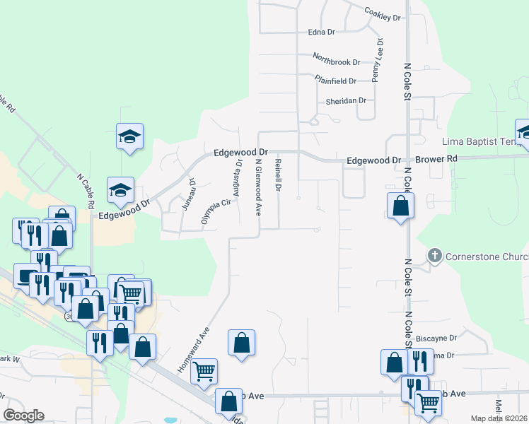 map of restaurants, bars, coffee shops, grocery stores, and more near 2220 North Glenwood Avenue in Lima