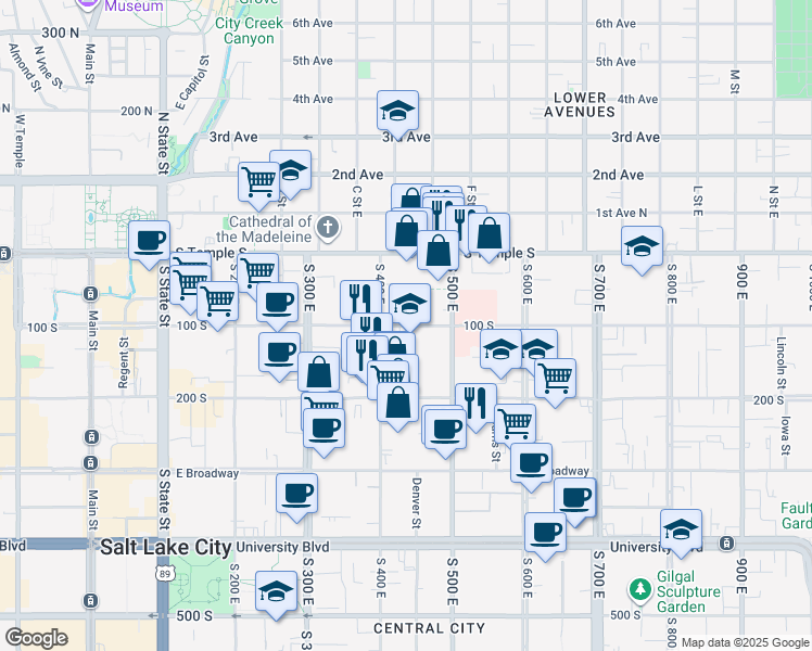 map of restaurants, bars, coffee shops, grocery stores, and more near 425 East 100 South in Salt Lake City