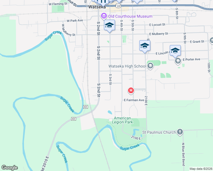 map of restaurants, bars, coffee shops, grocery stores, and more near 105 West Jackson Avenue in Watseka