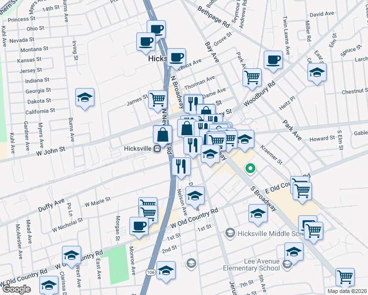 map of restaurants, bars, coffee shops, grocery stores, and more near 20 Jerusalem Avenue in Hicksville
