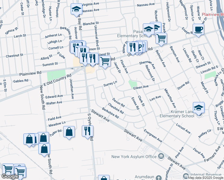 map of restaurants, bars, coffee shops, grocery stores, and more near 15 Devon Road in Bethpage