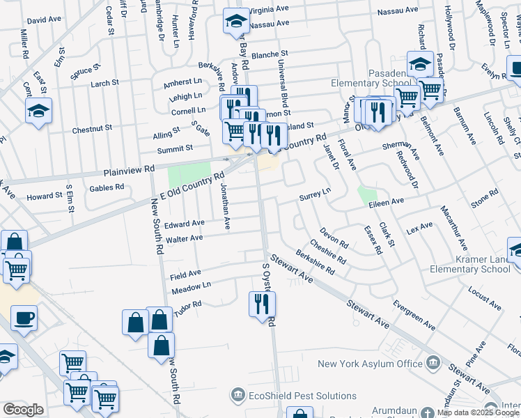 map of restaurants, bars, coffee shops, grocery stores, and more near 720 South Oyster Bay Road in Hicksville