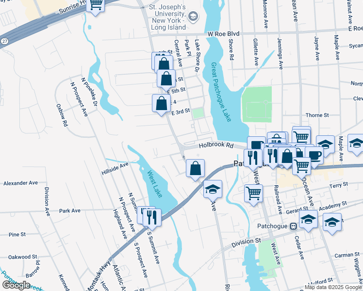map of restaurants, bars, coffee shops, grocery stores, and more near 76 County Road 61 in Patchogue