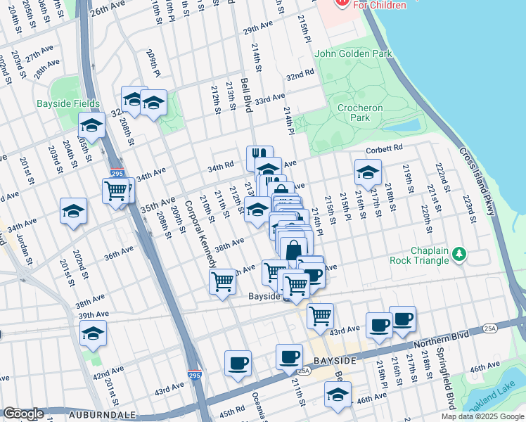 map of restaurants, bars, coffee shops, grocery stores, and more near 36-36 Bell Boulevard in Queens