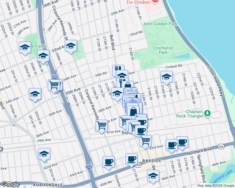 map of restaurants, bars, coffee shops, grocery stores, and more near 36-21 212th Street in Queens